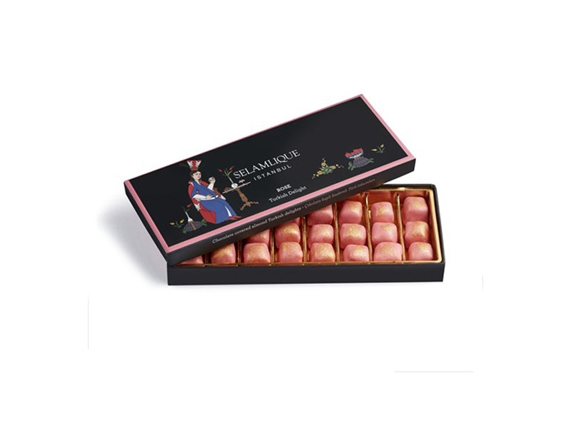 Selamlique Rose Turkish Delight 250g – Chocolate-Covered Almond Lokum with Gold Dust
