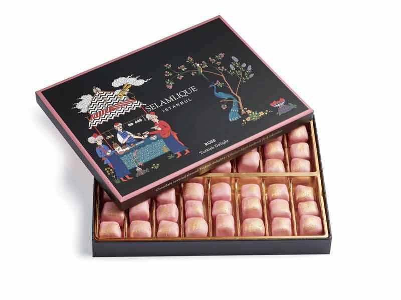 Selamlique Rose Turkish Delight 250g – Chocolate-Covered Almond Lokum with Gold Dust