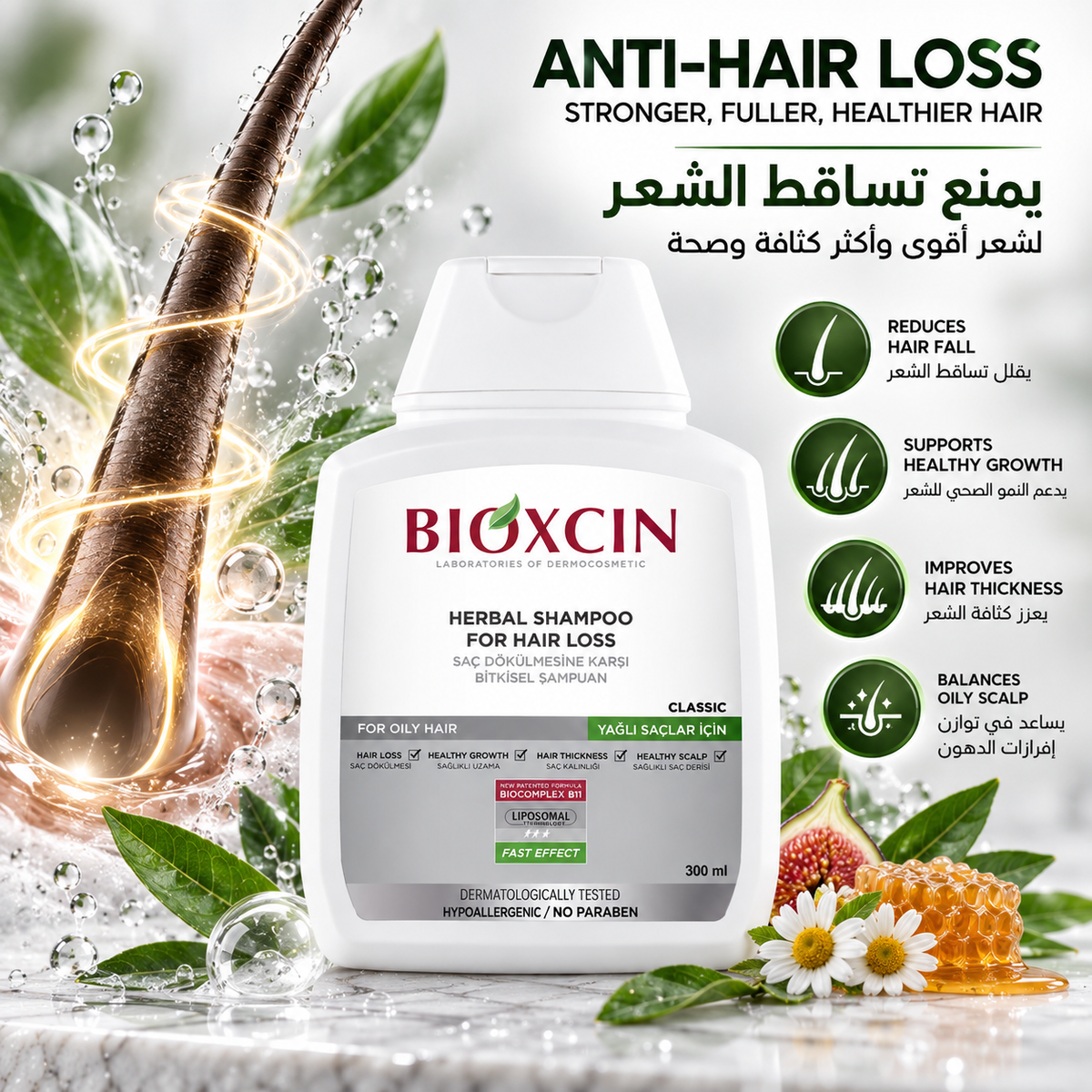 Bioxcin Classic Anti-Hair Loss Shampoo for Oily Hair with BioComplex B11 - 300 ml