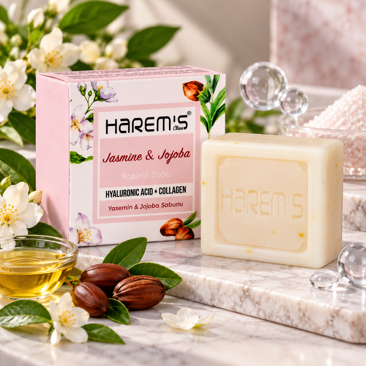 Harem’s Jasmine & Jojoba Cleansing Soap with Hyaluronic Acid & Collagen, 120g