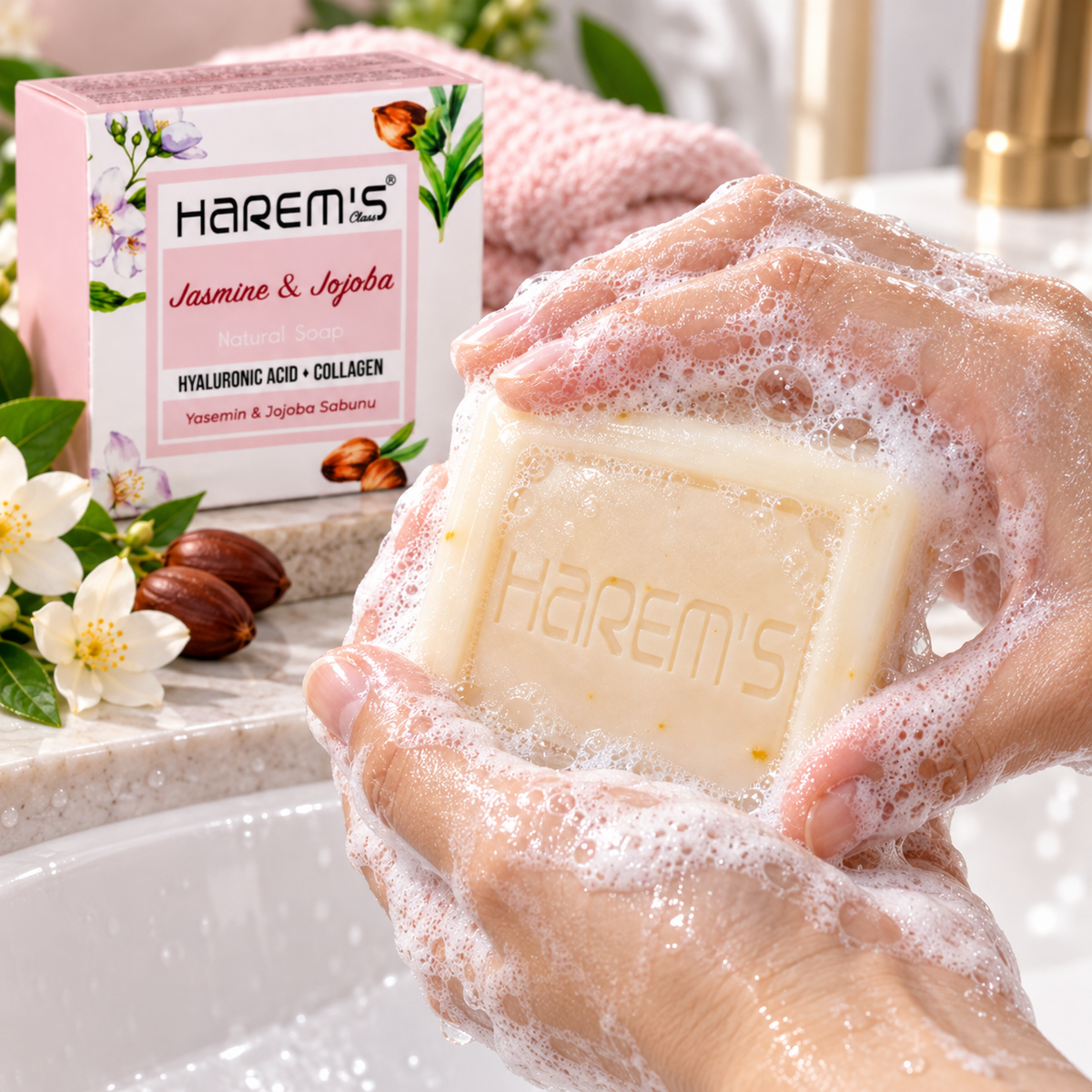 Harem’s Jasmine & Jojoba Cleansing Soap with Hyaluronic Acid & Collagen, 120g
