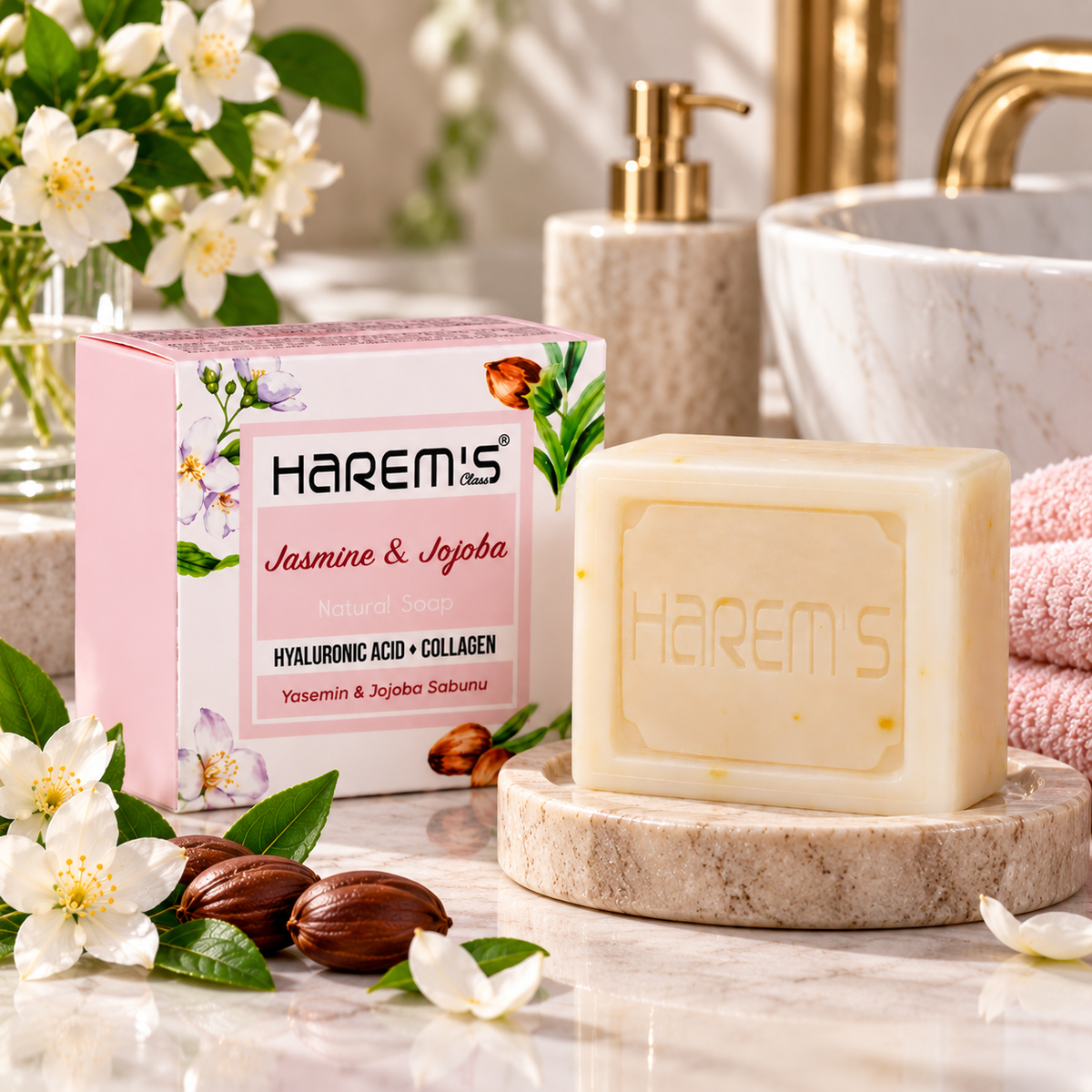 Harem’s Jasmine & Jojoba Cleansing Soap with Hyaluronic Acid & Collagen, 120g