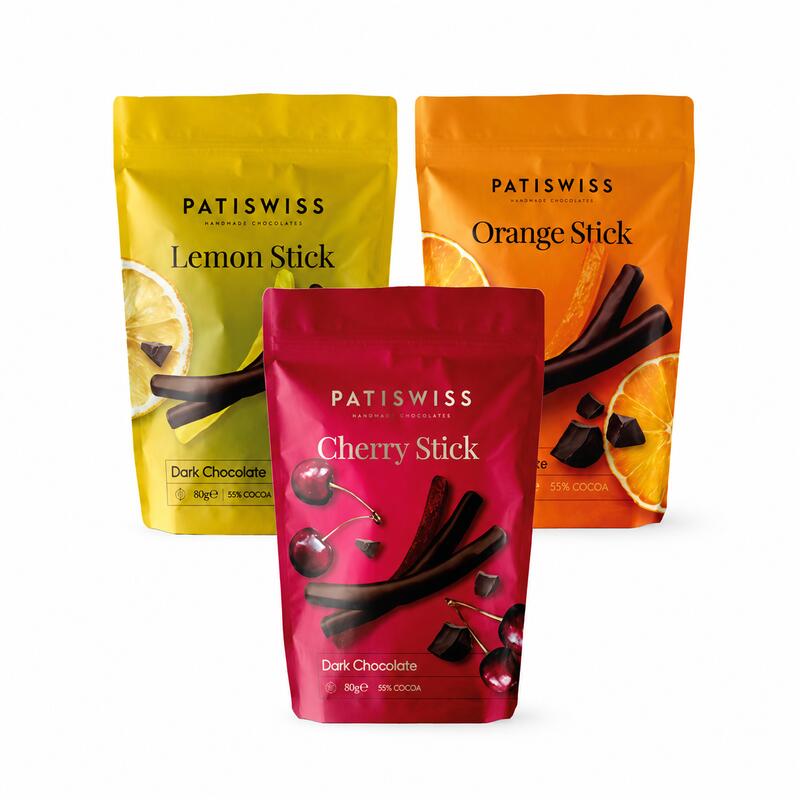 Patiswiss Dark Chocolate Coated Fruit Sticks – Orange, Lemon & Cherry – 3 × 80 g