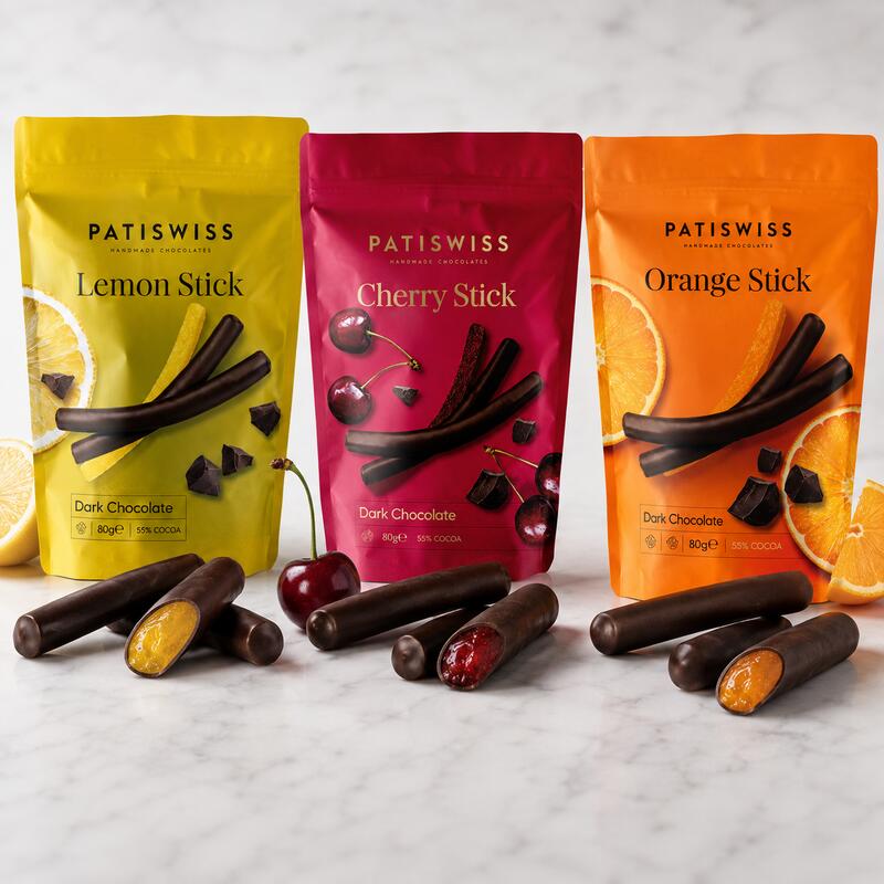 Patiswiss Dark Chocolate Coated Fruit Sticks – Orange, Lemon & Cherry – 3 × 80 g