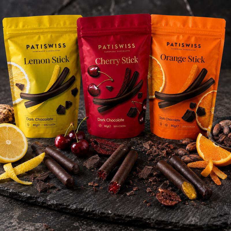 Patiswiss Dark Chocolate Coated Fruit Sticks – Orange, Lemon & Cherry – 3 × 80 g