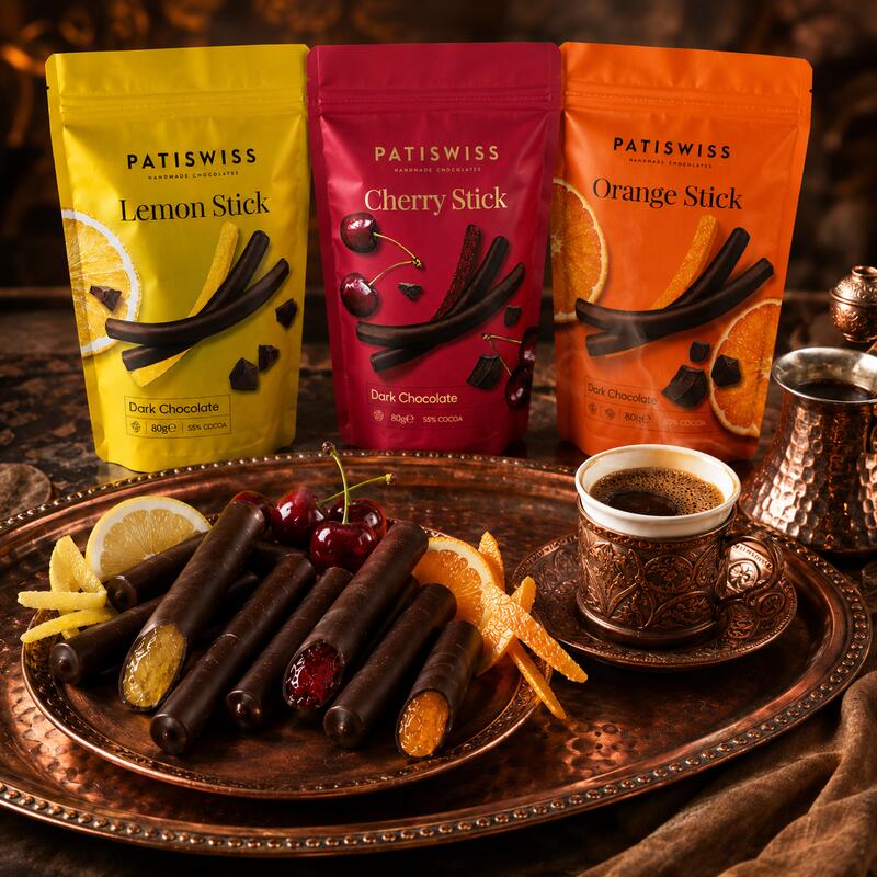 Patiswiss Dark Chocolate Coated Fruit Sticks – Orange, Lemon & Cherry – 3 × 80 g
