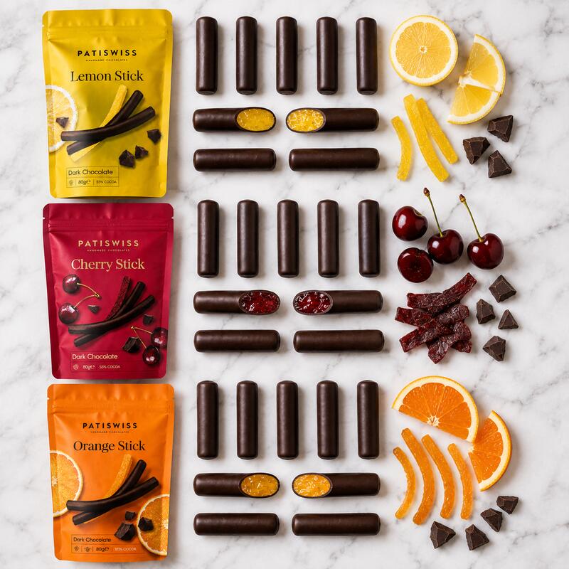 Patiswiss Dark Chocolate Coated Fruit Sticks – Orange, Lemon & Cherry – 3 × 80 g