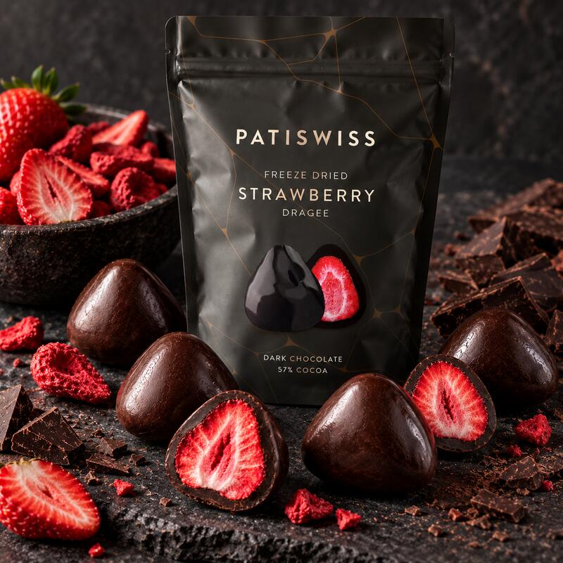 Patiswiss Dark Chocolate Strawberry Dragees – 80 g