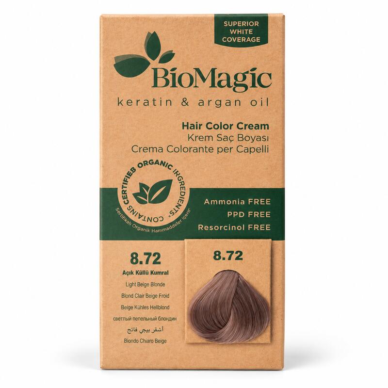 BioMagic Light Ash Brown 8.72 Permanent Hair Dye Cream with Argan Oil