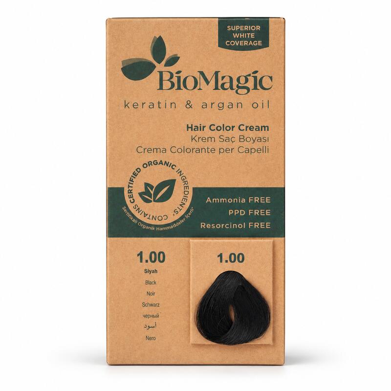 BioMagic Natural Black 1.00 Permanent Hair Dye Cream with Keratin and Argan Oil